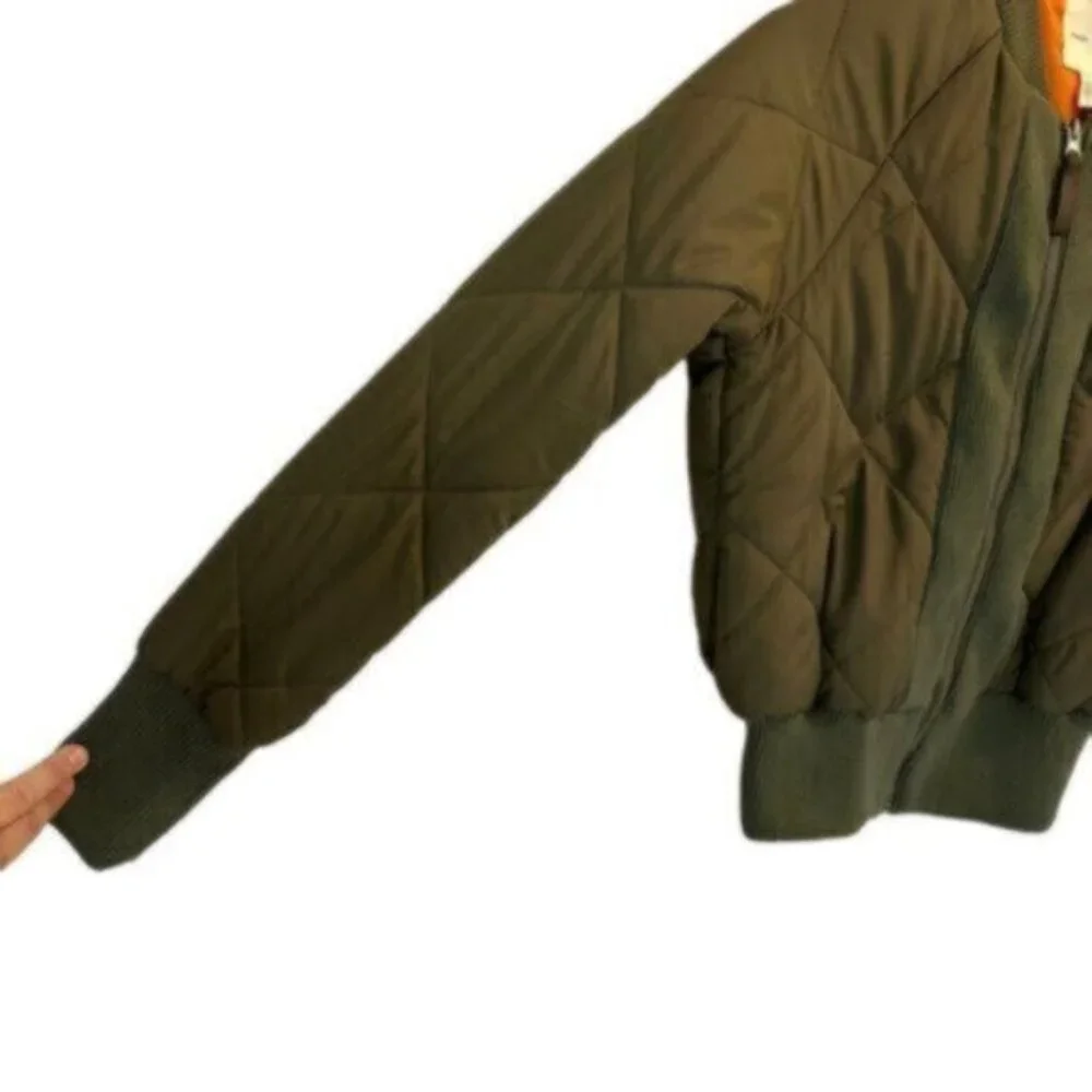 Silence + Noise | Olive Green Zip Front Quilted Bomber Jacket Size XS